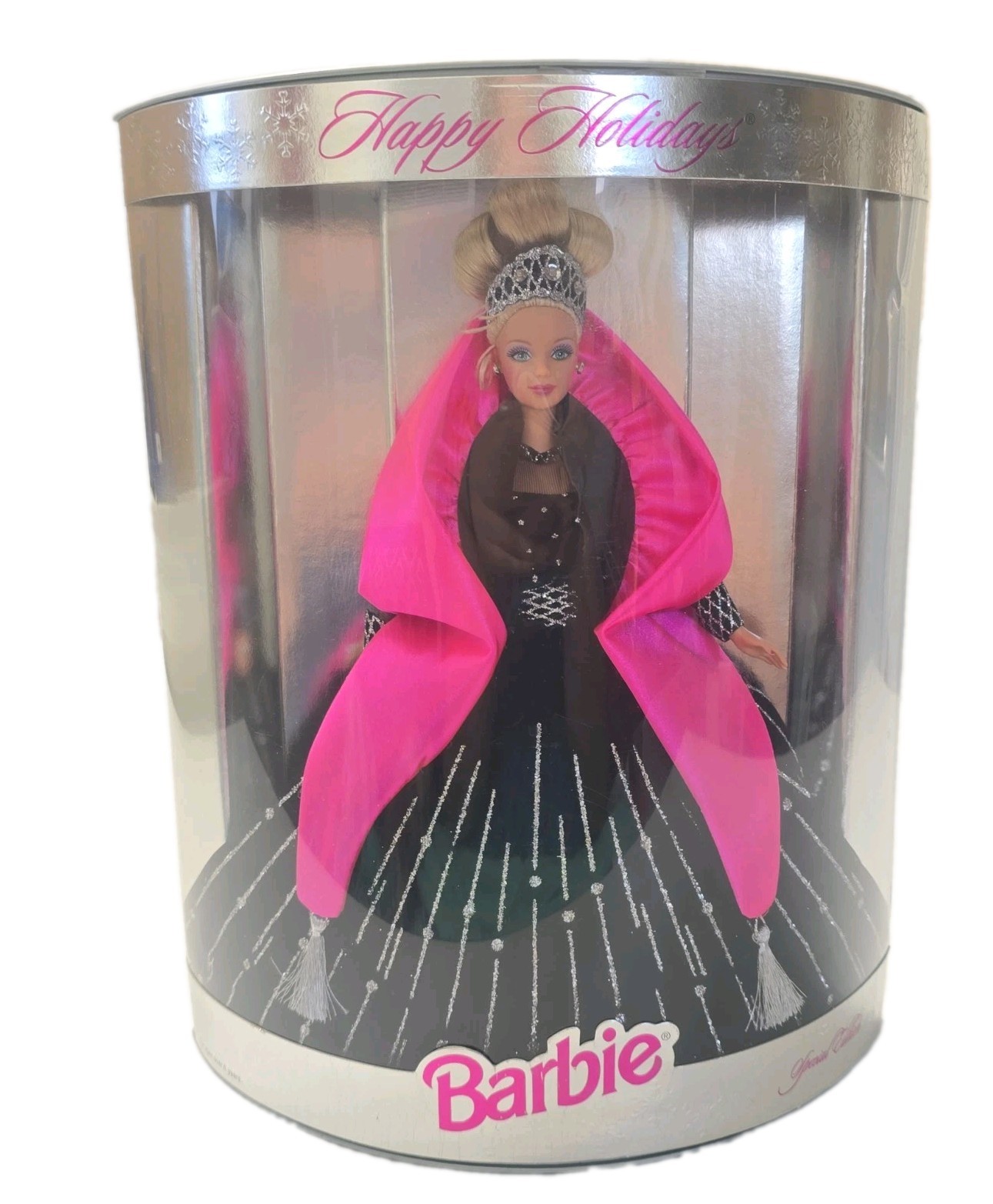2001 Happy Holidays Barbie Special Edition Doll NIB Silver Box Pink Shawl Mattel