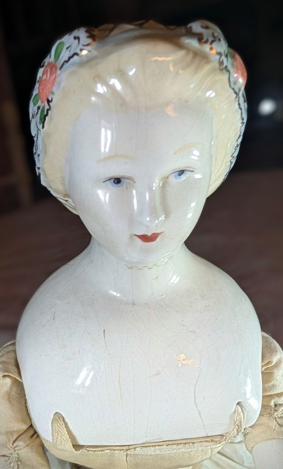 RARE Antique 16″ German Porcelain Doll Beautiful Face & Fancy Hat Gold Gilt