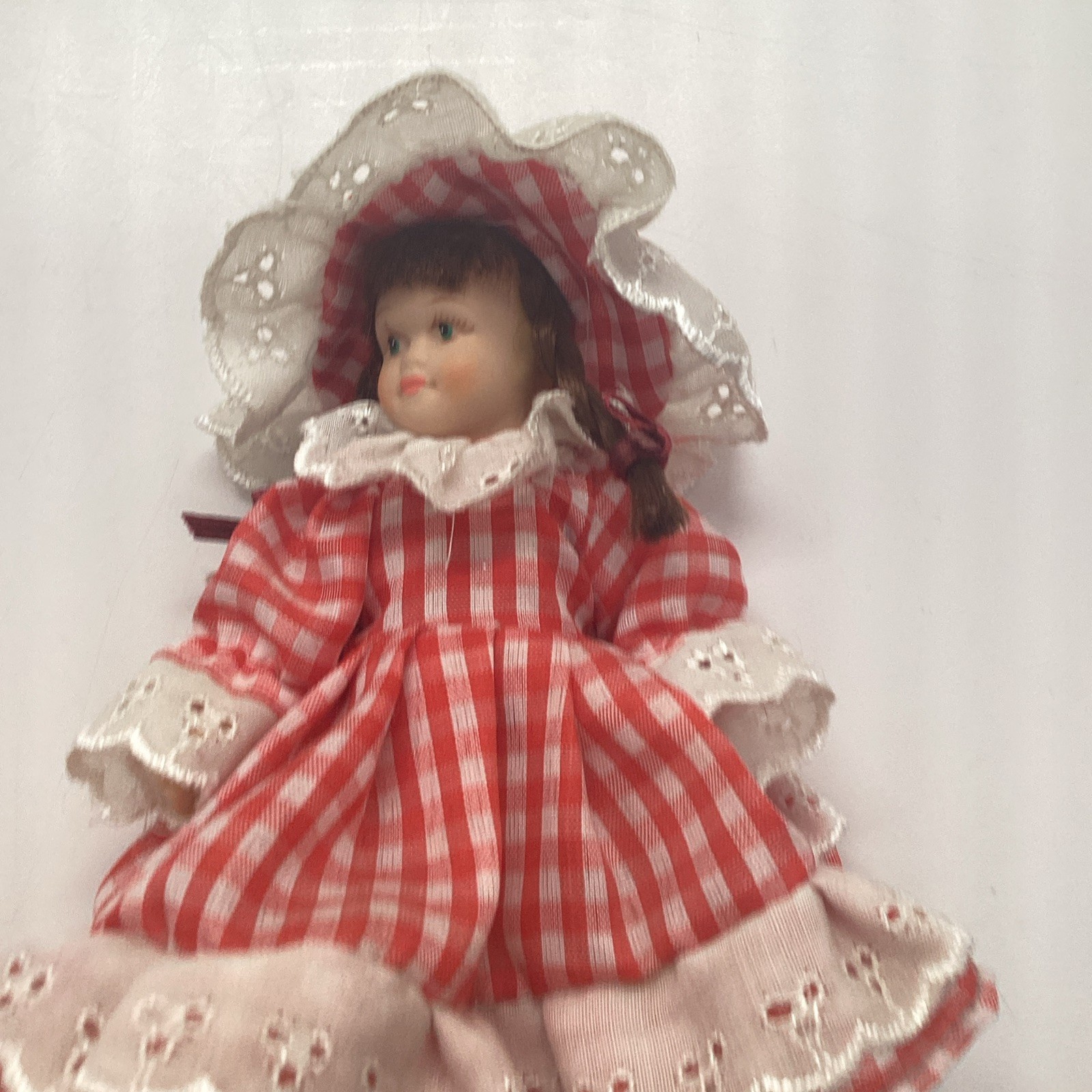 Vintage Bisque Double Jointed Country Girl Doll Red White Gingham Dress + Hat