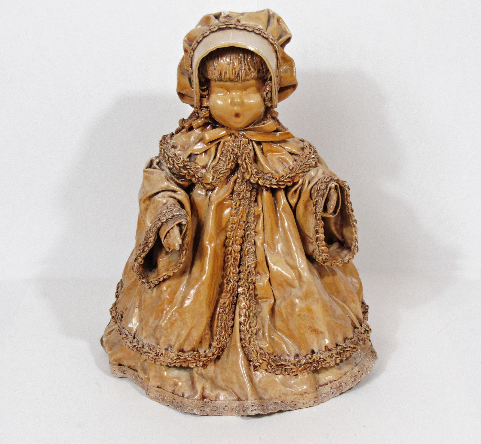 Antique Wax-Over Papier-Mâché Bonnet Doll Figure Ceramic Face, German Style 11″