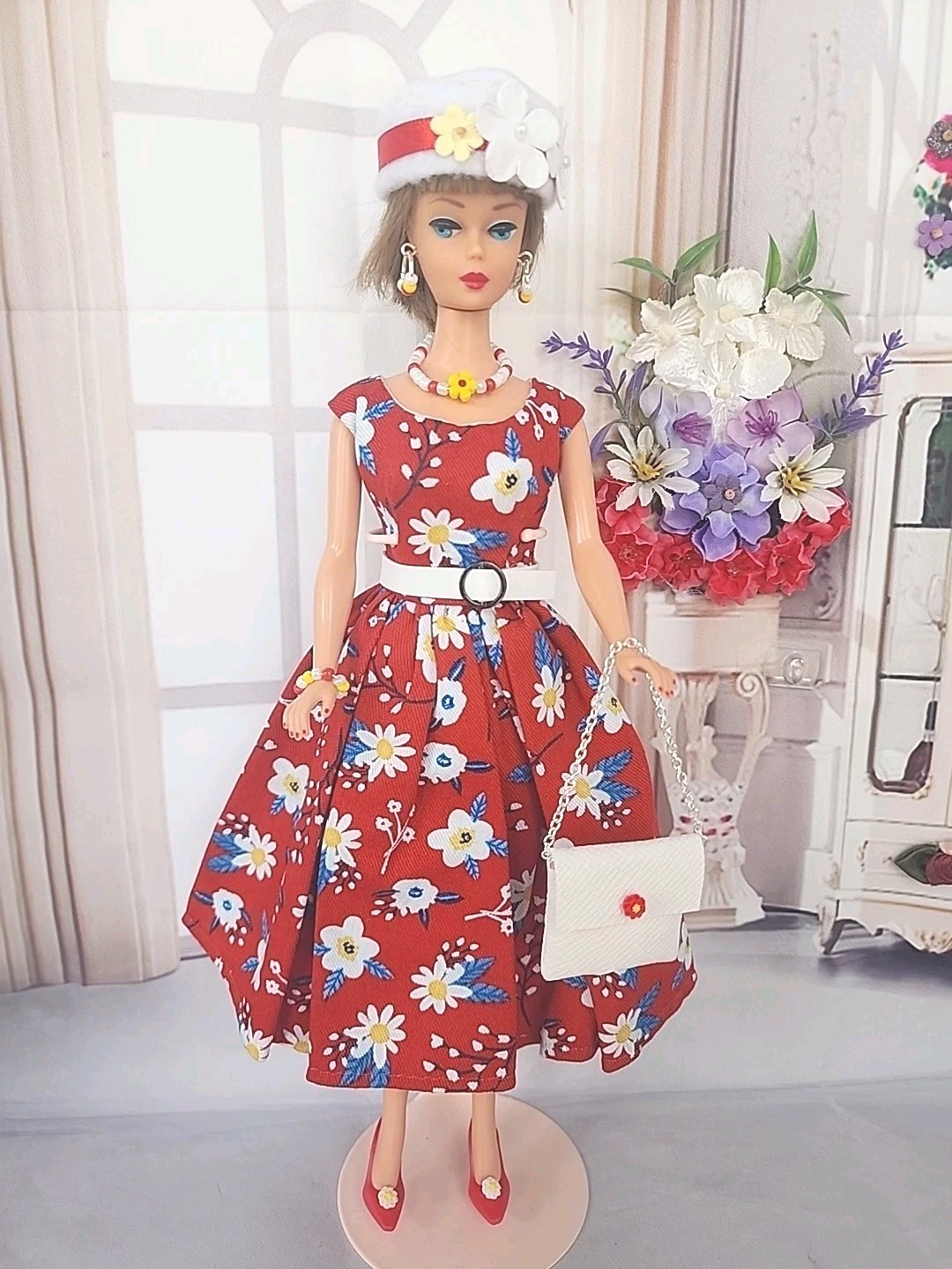 HANDMADE FOR BARBIE DOLL CLOTHES RED WITH WHITE FLOWERS PRINT DRESS SET