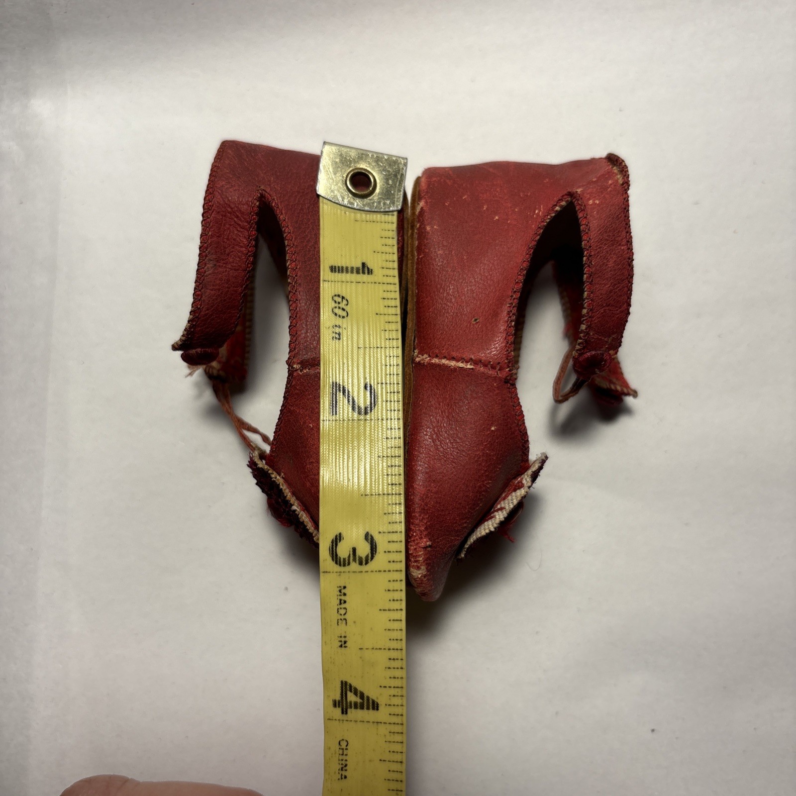 Antique Red Leather Starburst Decorative Toe Buckle Doll Shoes w/Ankle Buttons