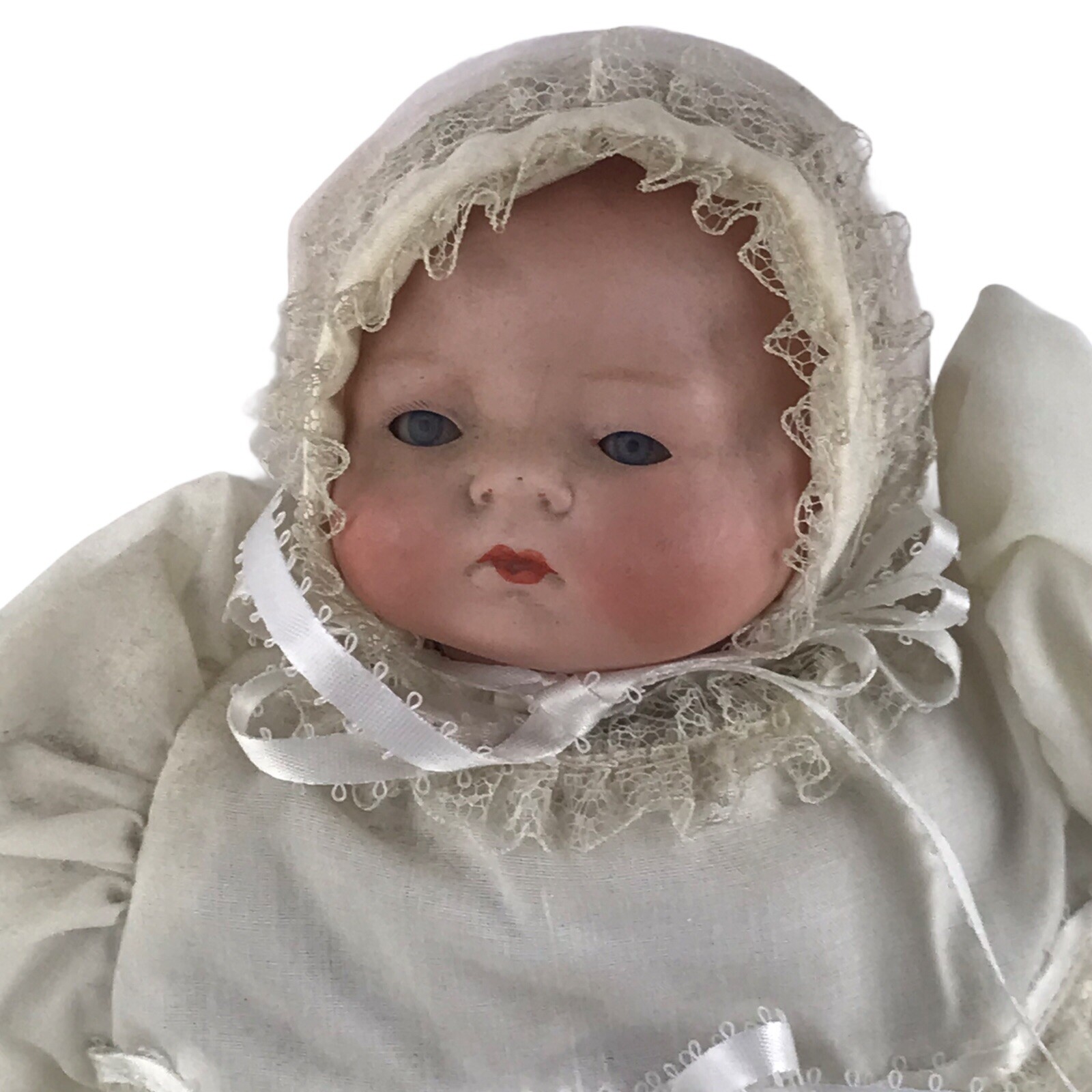 Antique Germany Century Newborn Baby Bisque Doll Sleep Eyes Dome Head Cloth 11″
