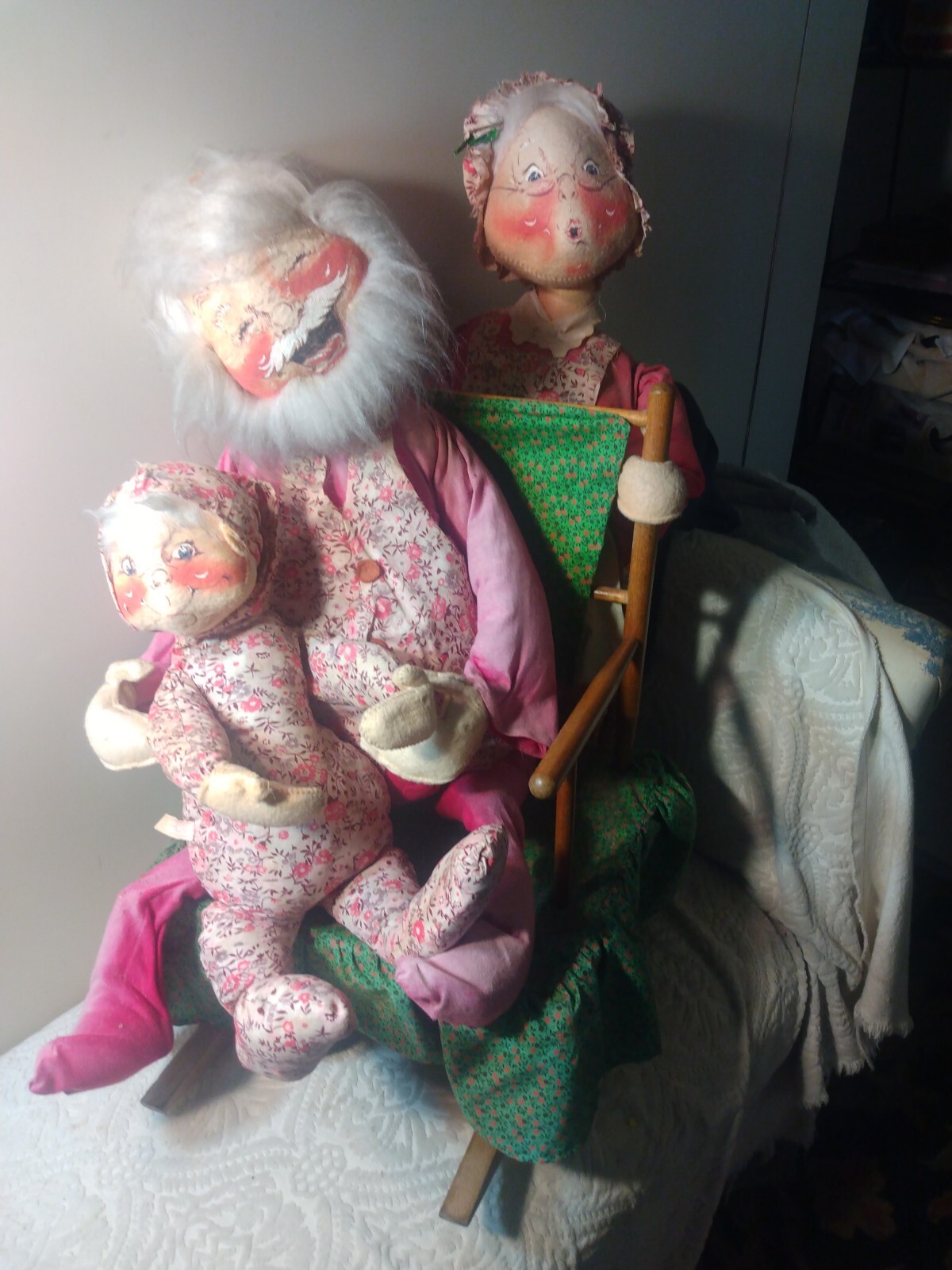 Vtg Annalee Cloth Store Display Grand Ma G Pa Baby w Rocking Chair 1971 Lg Charm