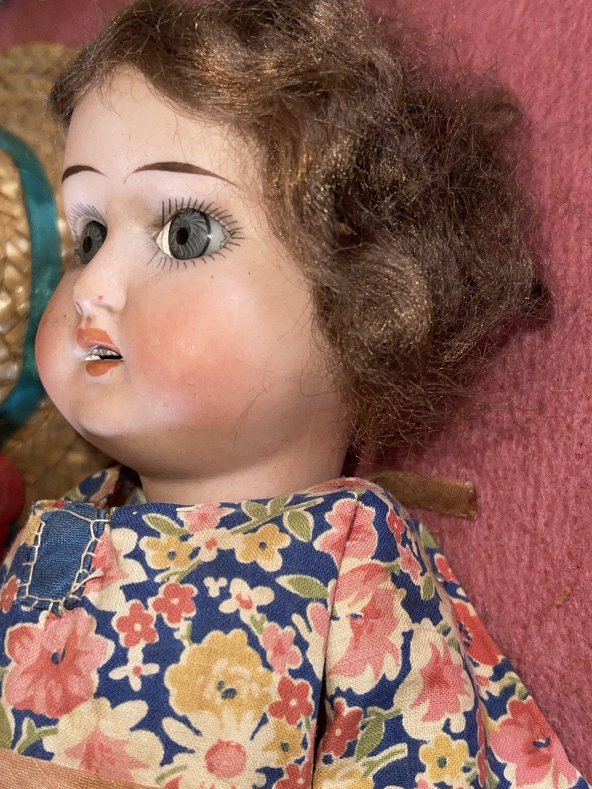 Antique Schoenau & Hoffmeister Bisque Head Doll Shadowbox Display Folk Art