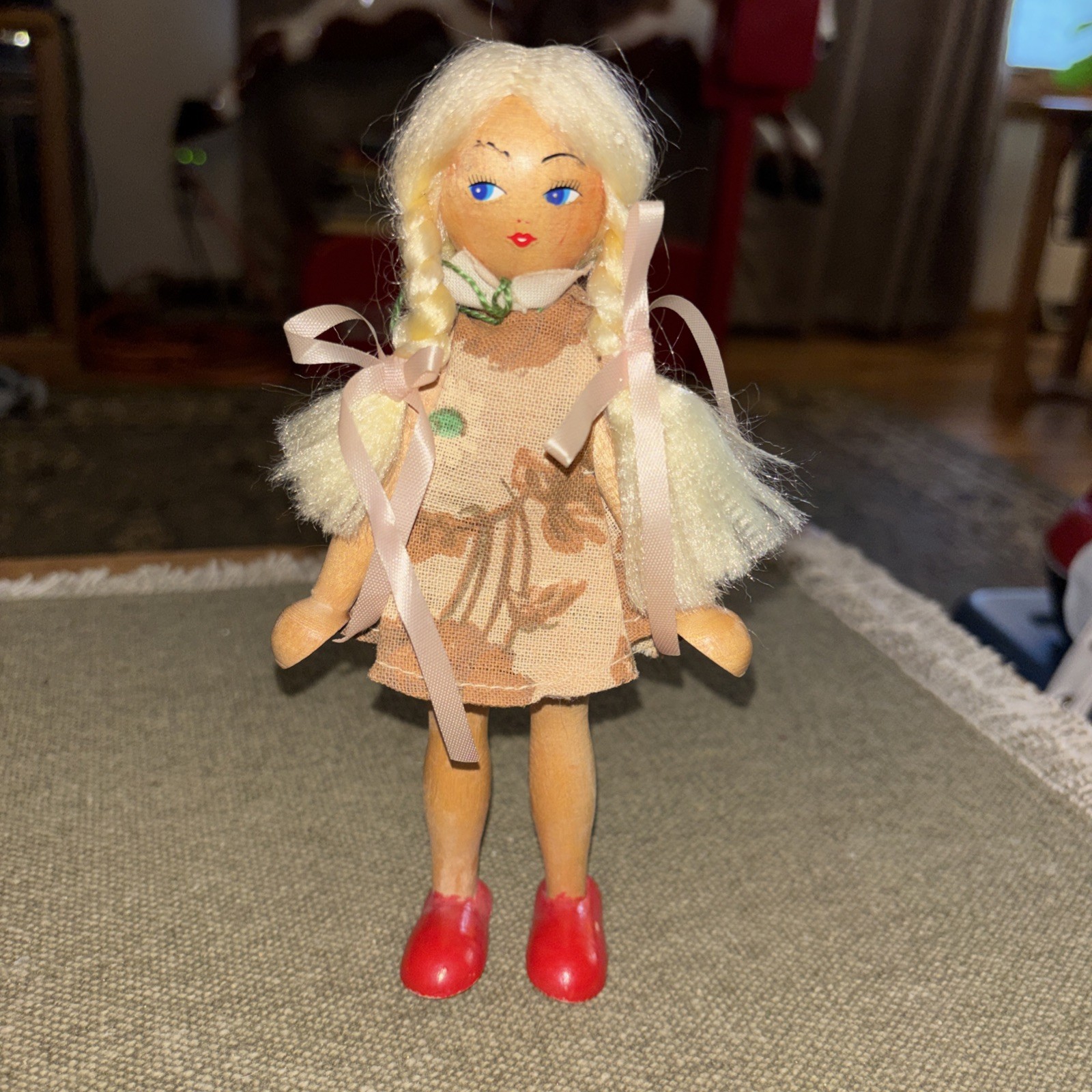 Vintage 60’s Era. Polish Woden Peg Doll. Blonde With Braided Pigtails 7” Tall
