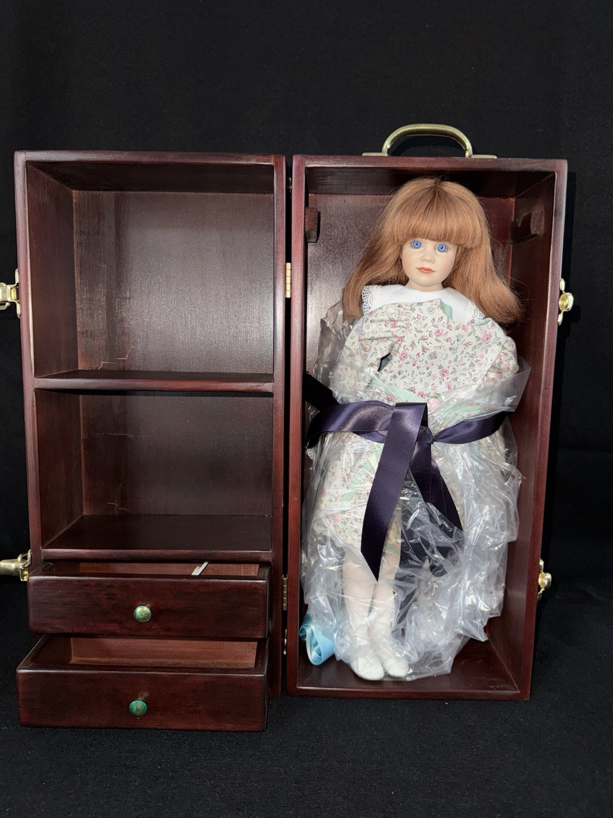 Limited Edition Porcelain Doll 13/250 Red Hair Blue Eyes w/ Wooden Trunk &Outfit