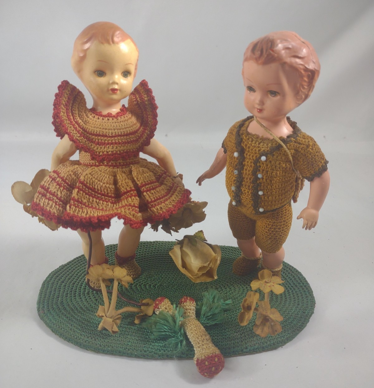 Vintage 1950’s Boy And Girl Hard Plastic Dolls w/ Crochet Clothing & Base (B6)