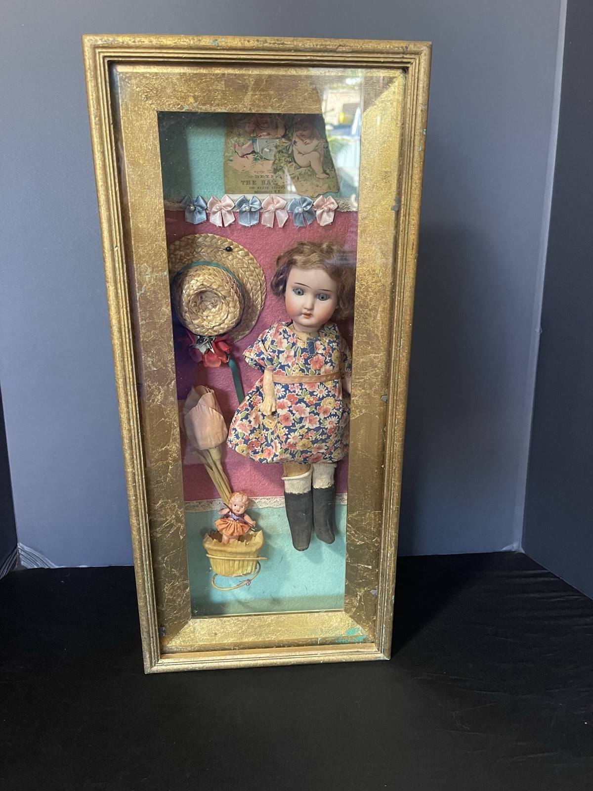 Antique Schoenau & Hoffmeister Bisque Head Doll Shadowbox Display Folk Art