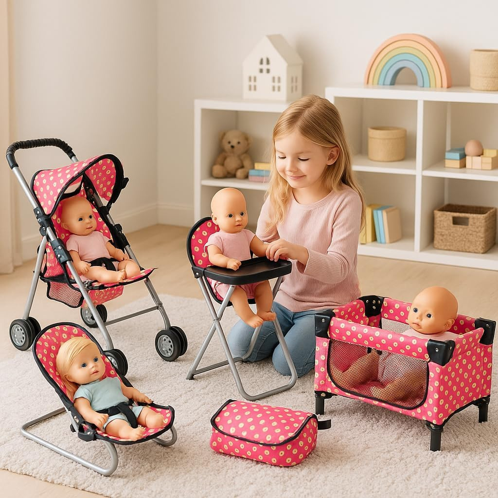 4 Piece Doll Play Set, Includes – 1 Pack N Play. 2 Doll Stroller 3.Doll High Cha