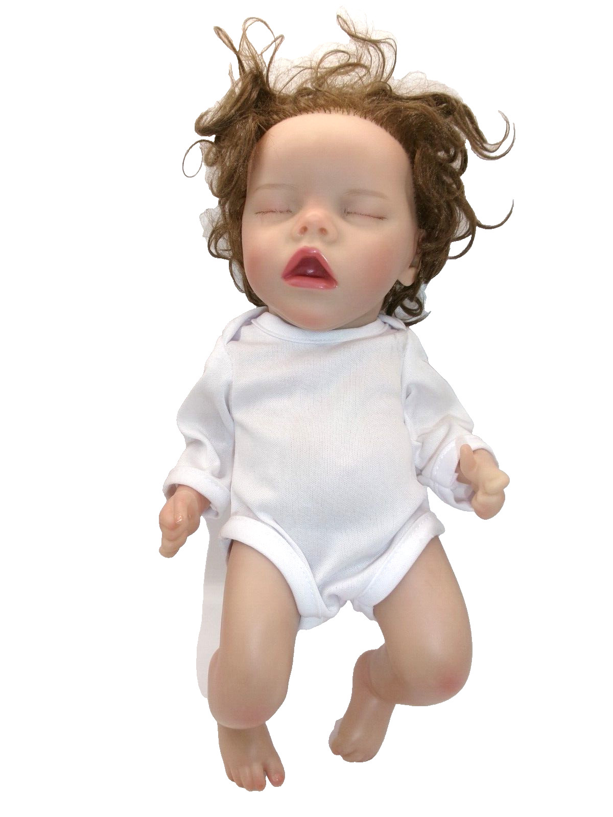 Reborn Baby Doll Sleeping Brunette Curly Hair Eyelashes 12 inches