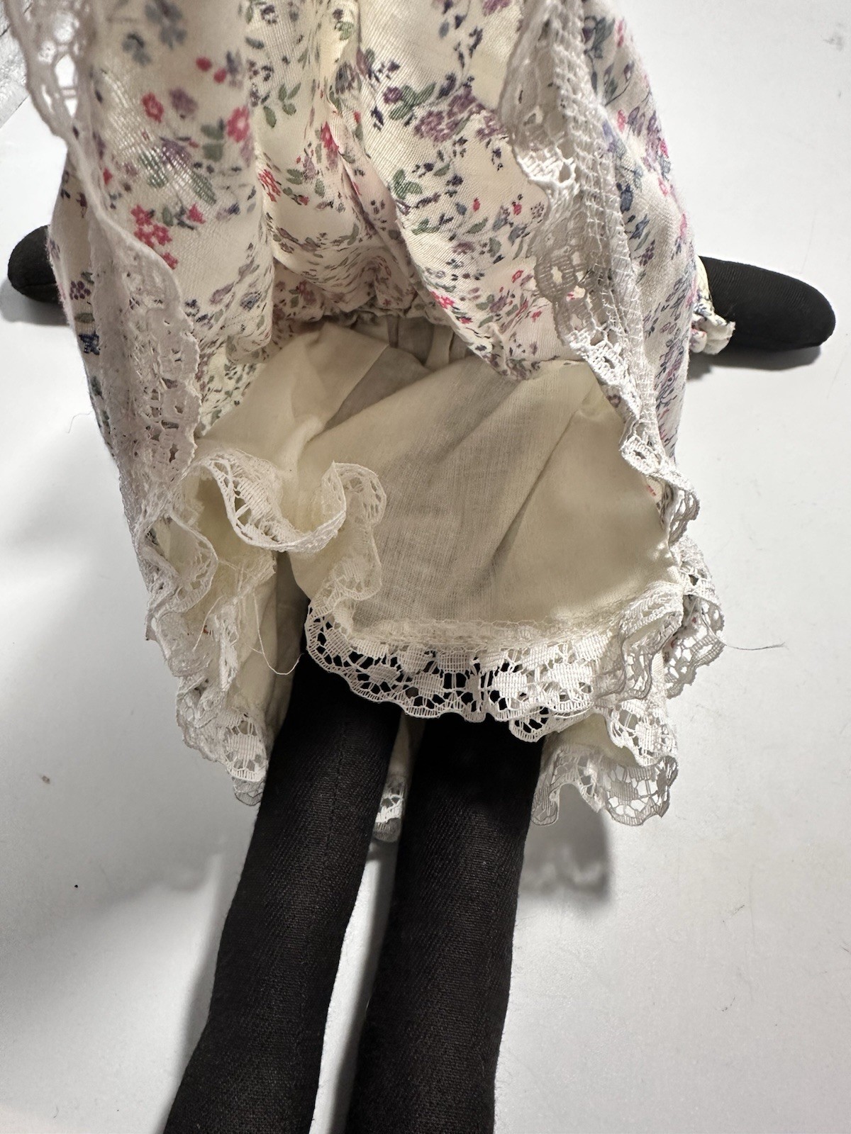 Vintage Handmade Black Cloth Rag Doll Yarn Hair Floral Dress Folk Art