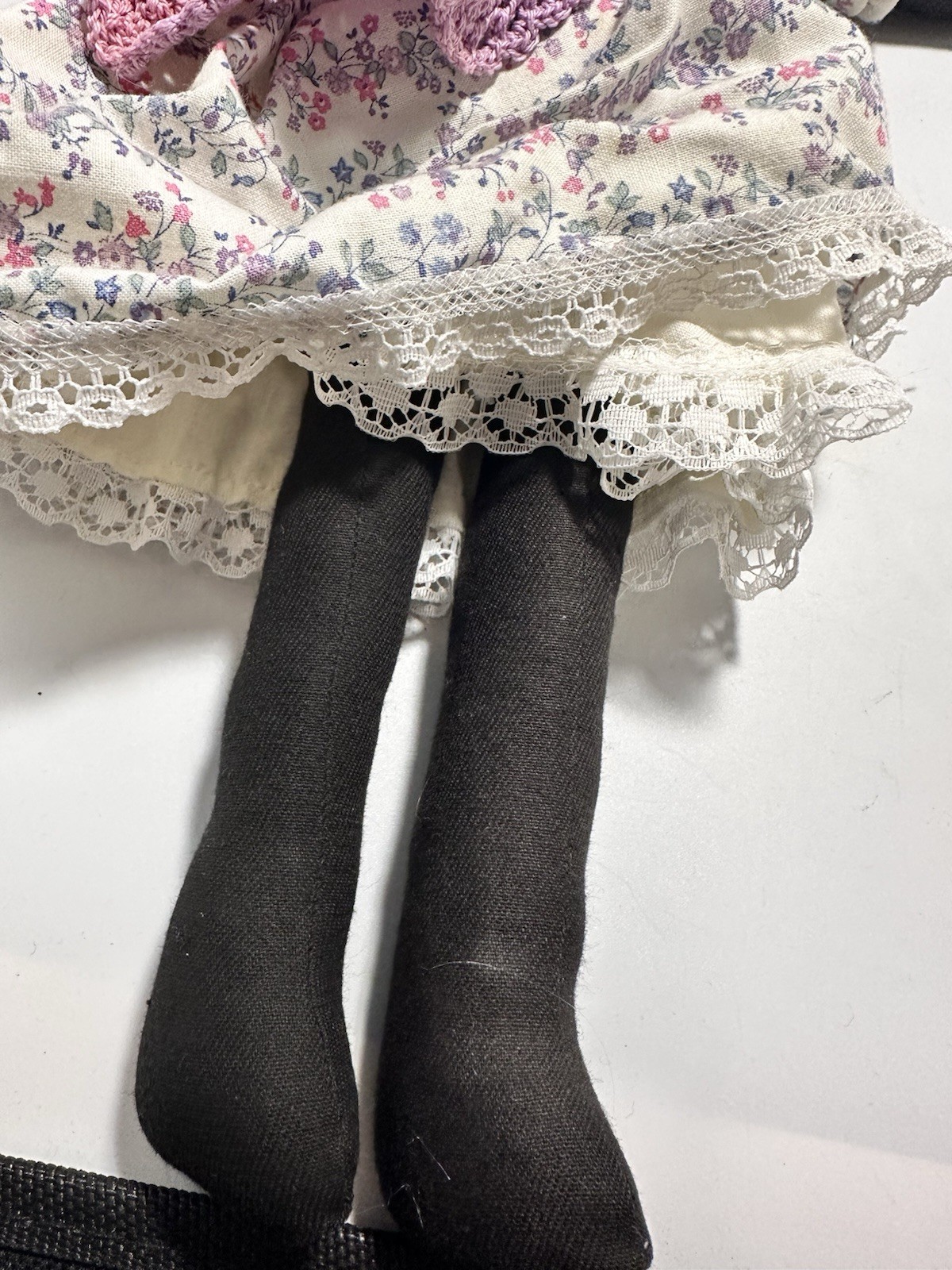 Vintage Handmade Black Cloth Rag Doll Yarn Hair Floral Dress Folk Art