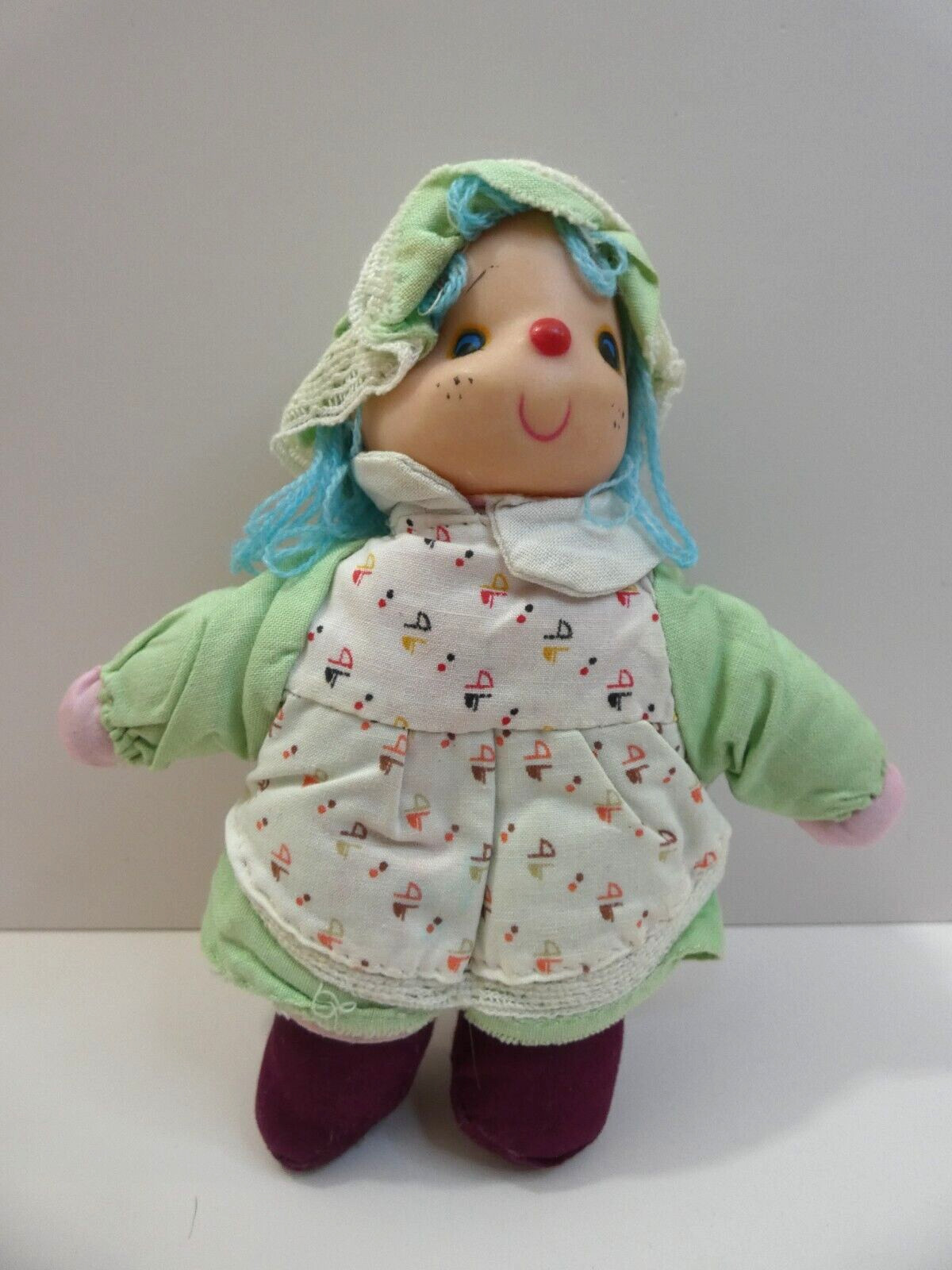 VTG Rag Ice Cream Doll Clown Blue Yarn Hair 7″ Rubber Face Cloth Body