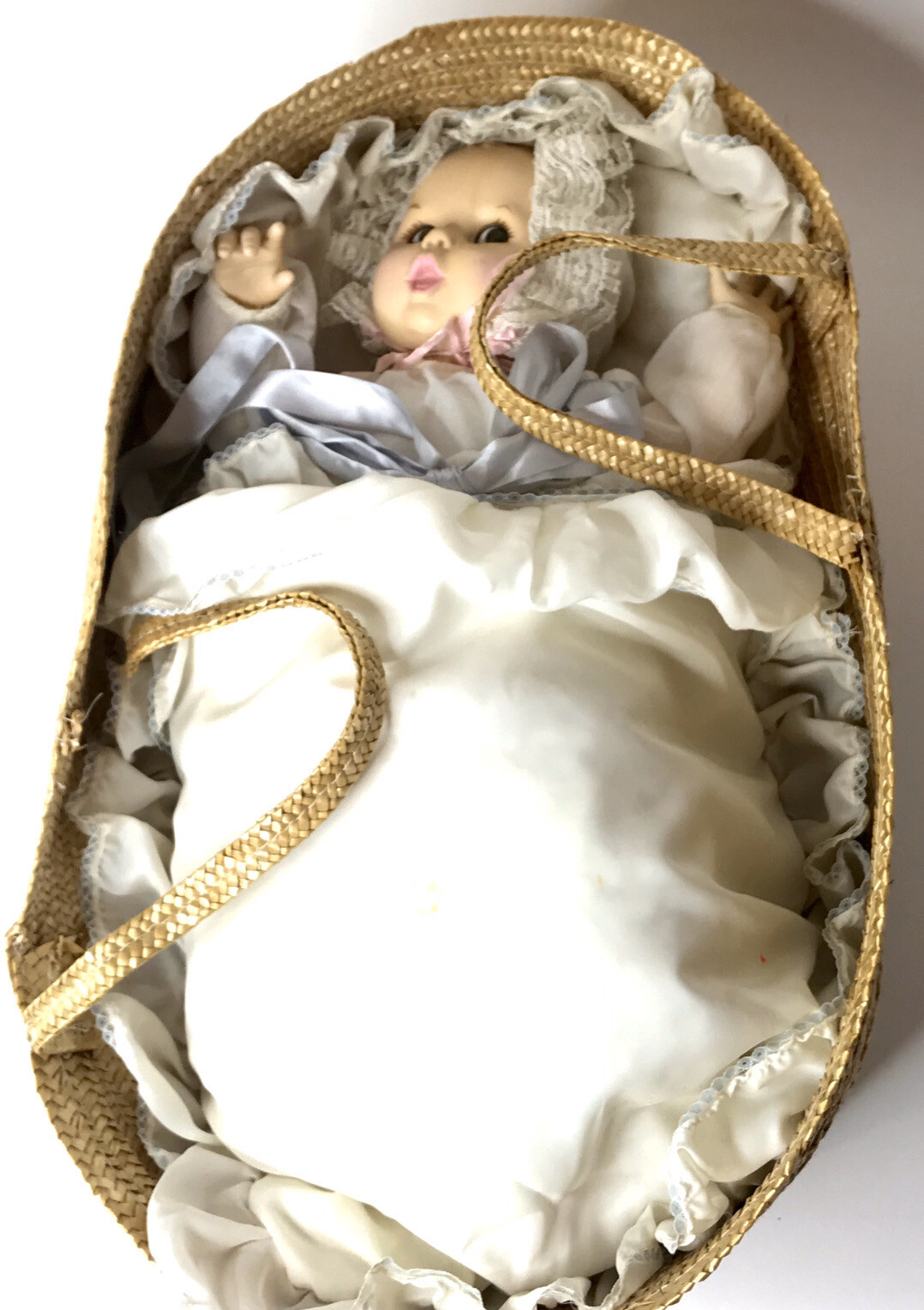 Atlanta Novelty Company Gerber Christening Baby Doll in Basket 1970’s.