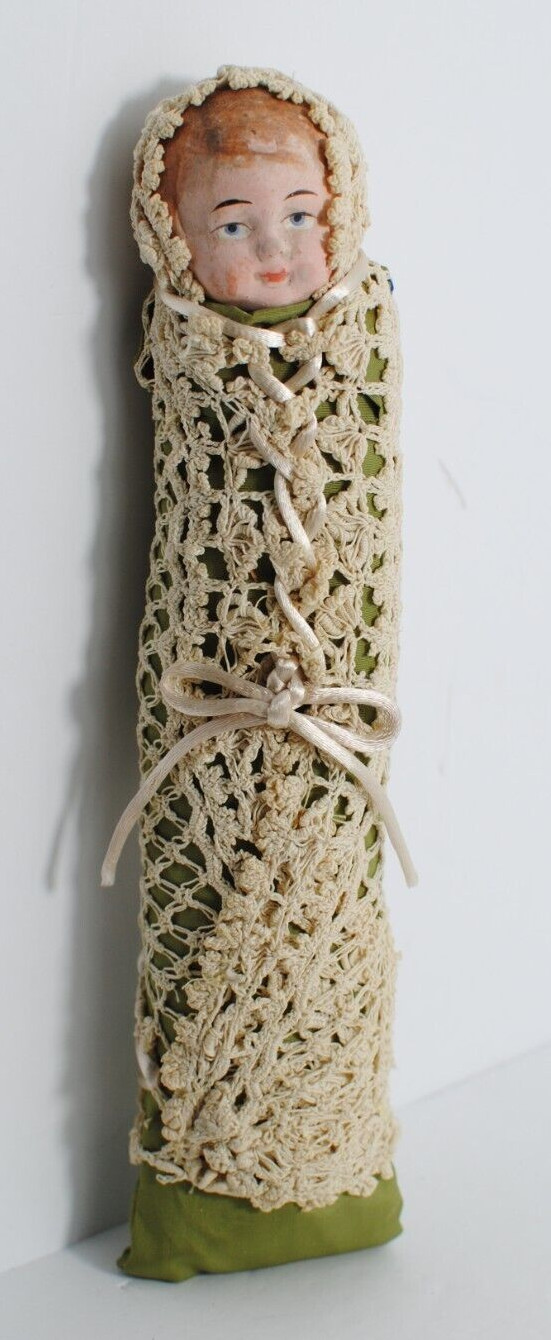 Handmade Antique Paper-Mache/Bisque Baby Doll Wrapped in Antique Lace Original