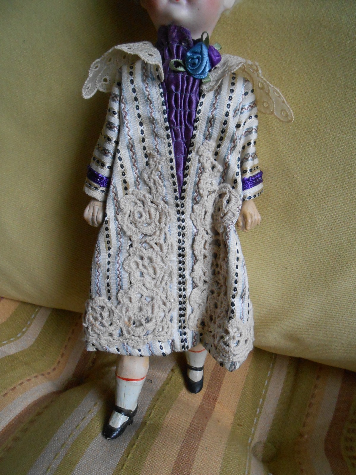 Vintage 5-Way Jointed 10 ” Character Doll in Long Dress Coat and White Wig
