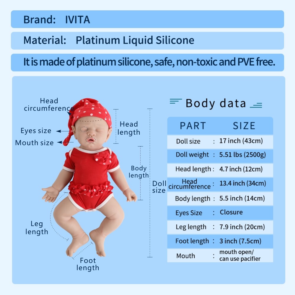 IVITA 17” Full Silicone Baby Doll Girl Realistic Reborn Baby Doll Cute Infant