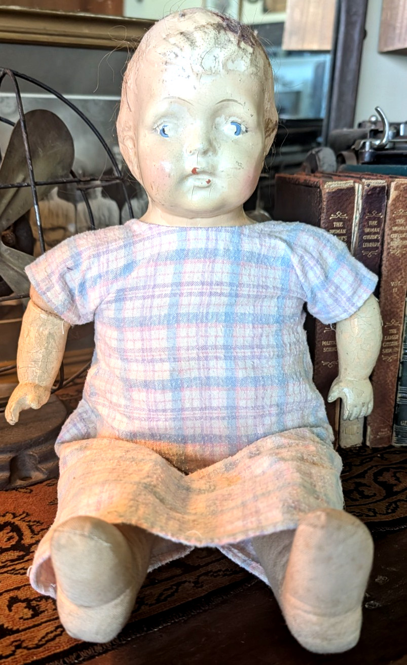 Vtg antique Composition Baby Doll Halloween Prop Creepy Horror display 16″ (E1)
