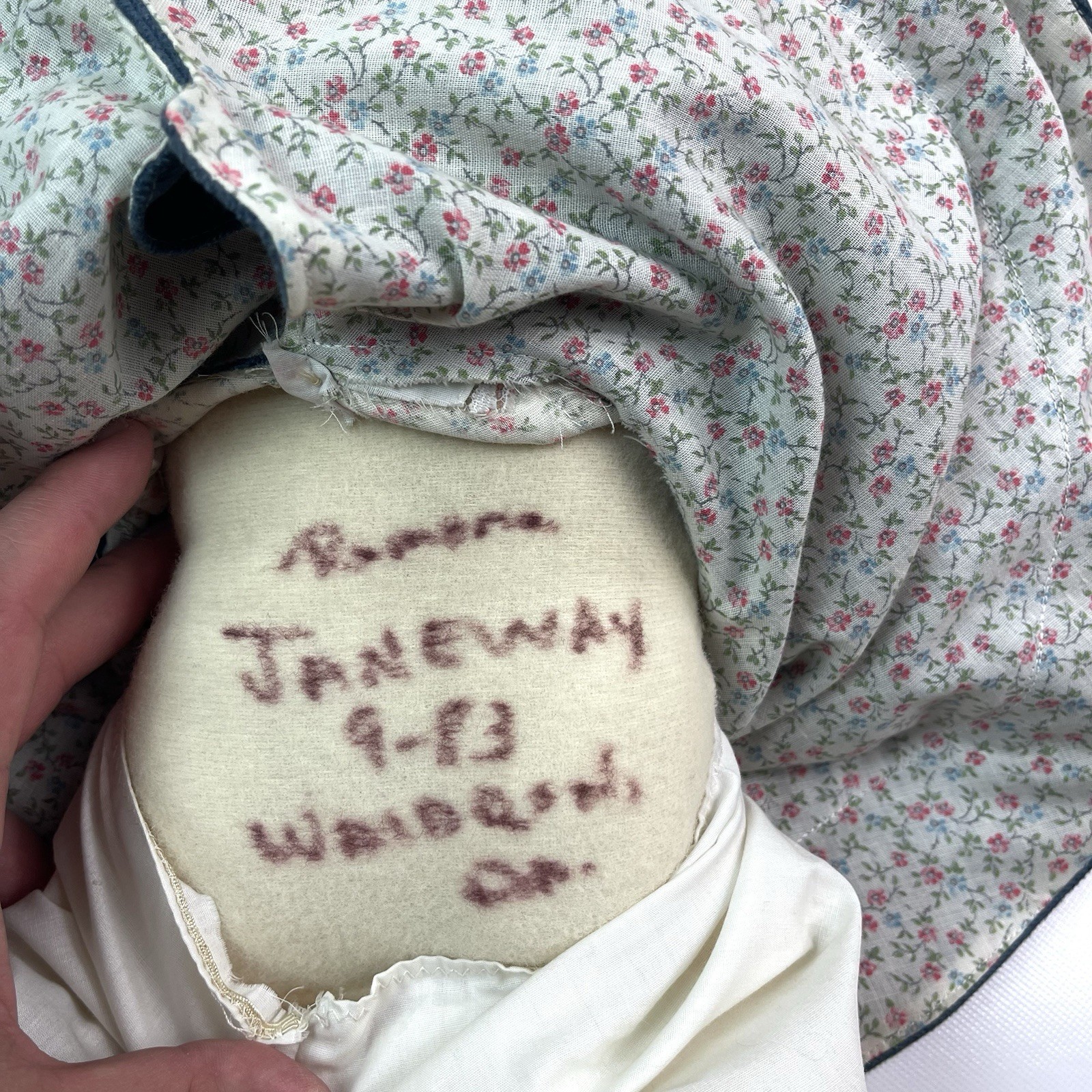 Handmade Rag Doll Signed Janeway 9-83 Waldport OR Floral Vintage Cloth Doll
