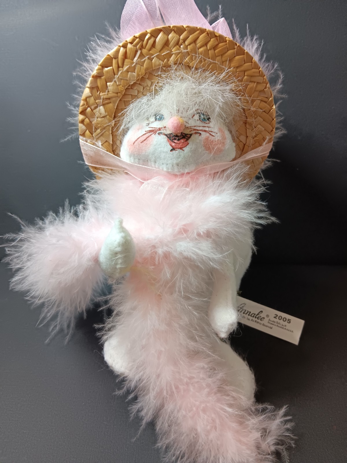 2005 ANNALEE SPRING BUNNY W/ NEST EGG HAT & PINK BOA 7″ H