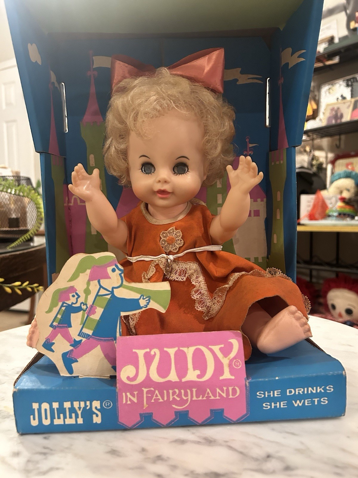 Jolly Toys Judy in Fairyland 1960s Doll Blonde Curly Hair Blue Eyes Drinks Wets