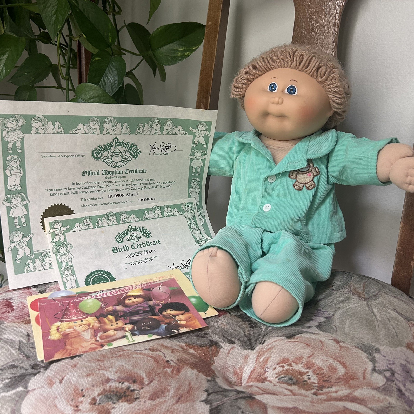 Vintage 1984 Cabbage Patch Kid Doll Boy Curly Hair Blue Eyes Original Clothes
