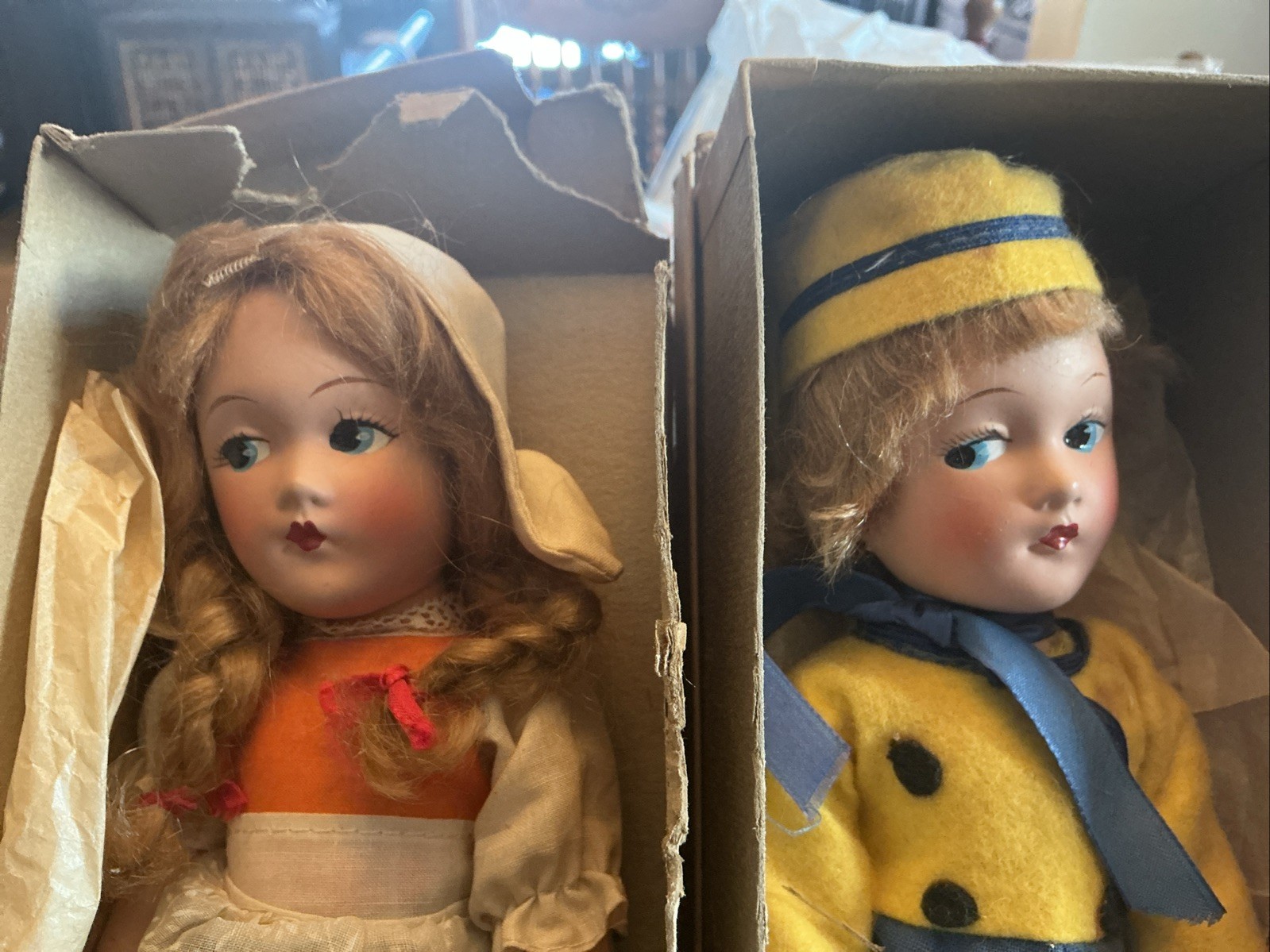 Pair Of Vintage Junel Dolls Dutch Boy And Girl With Tags And Boxes