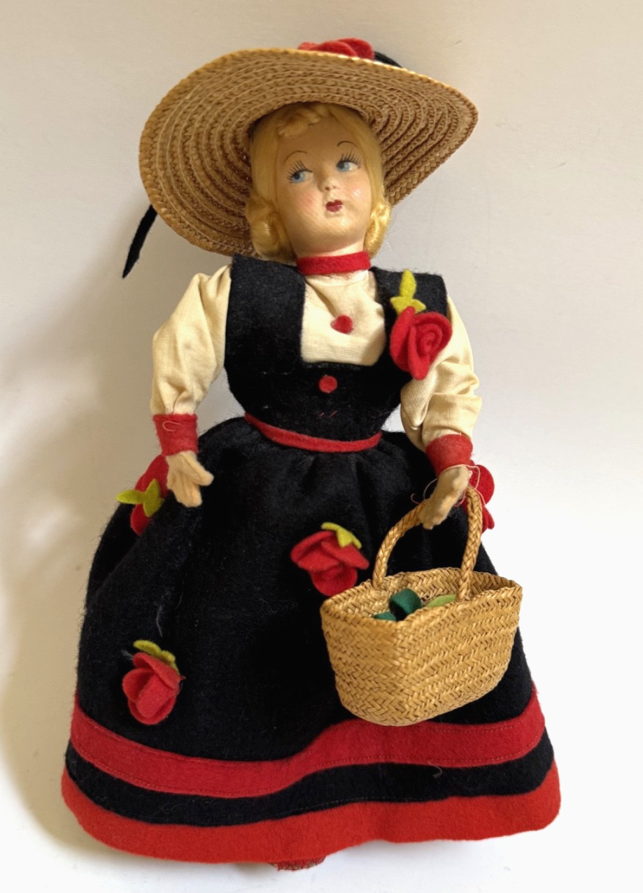 Vintage Handmade Doll with Straw Bonnet & Basket, No Tag, Italy