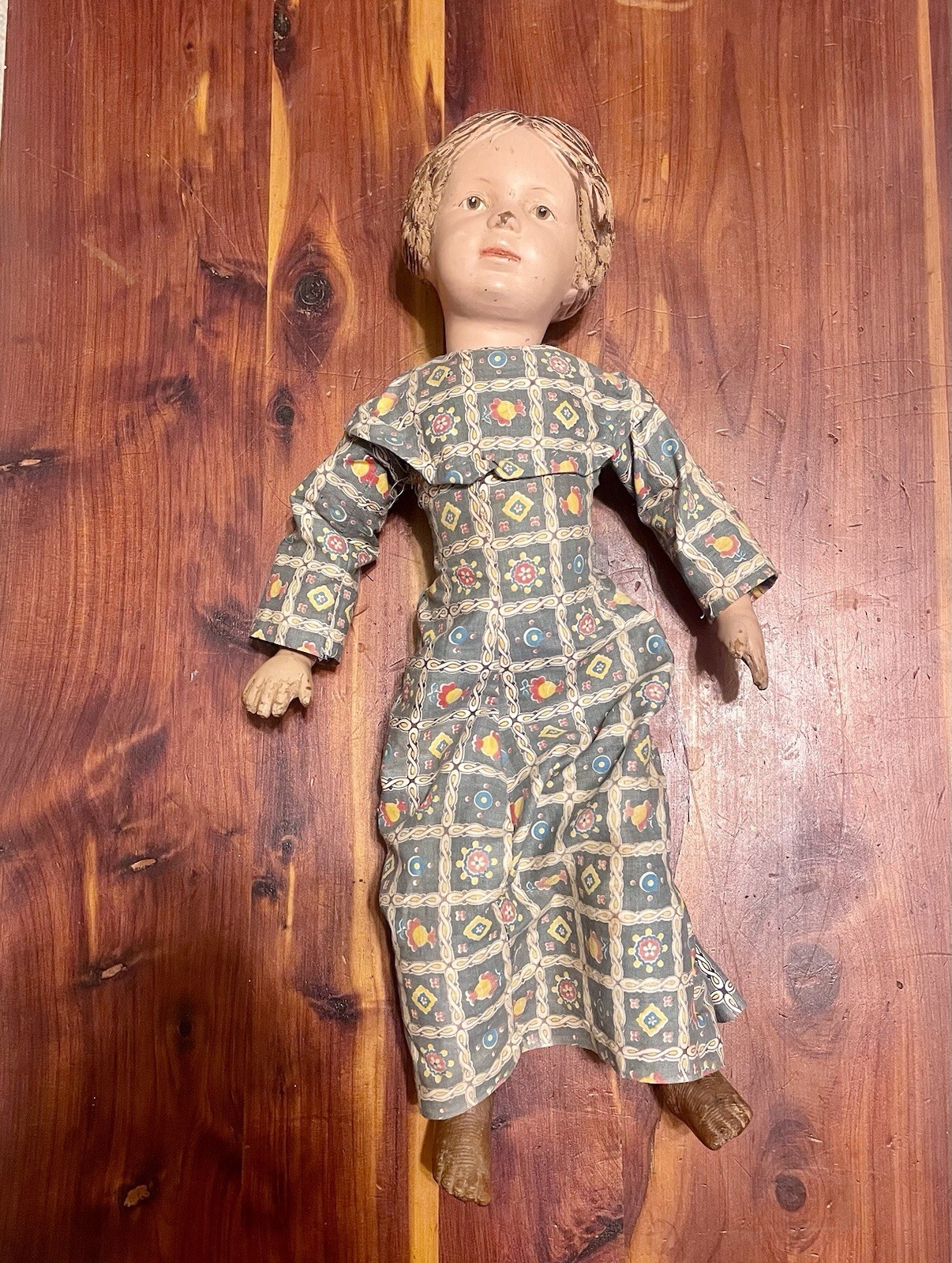 Schoenhut 16” Antique Doll Carved Hair Articulating Joints Painted Red Bow