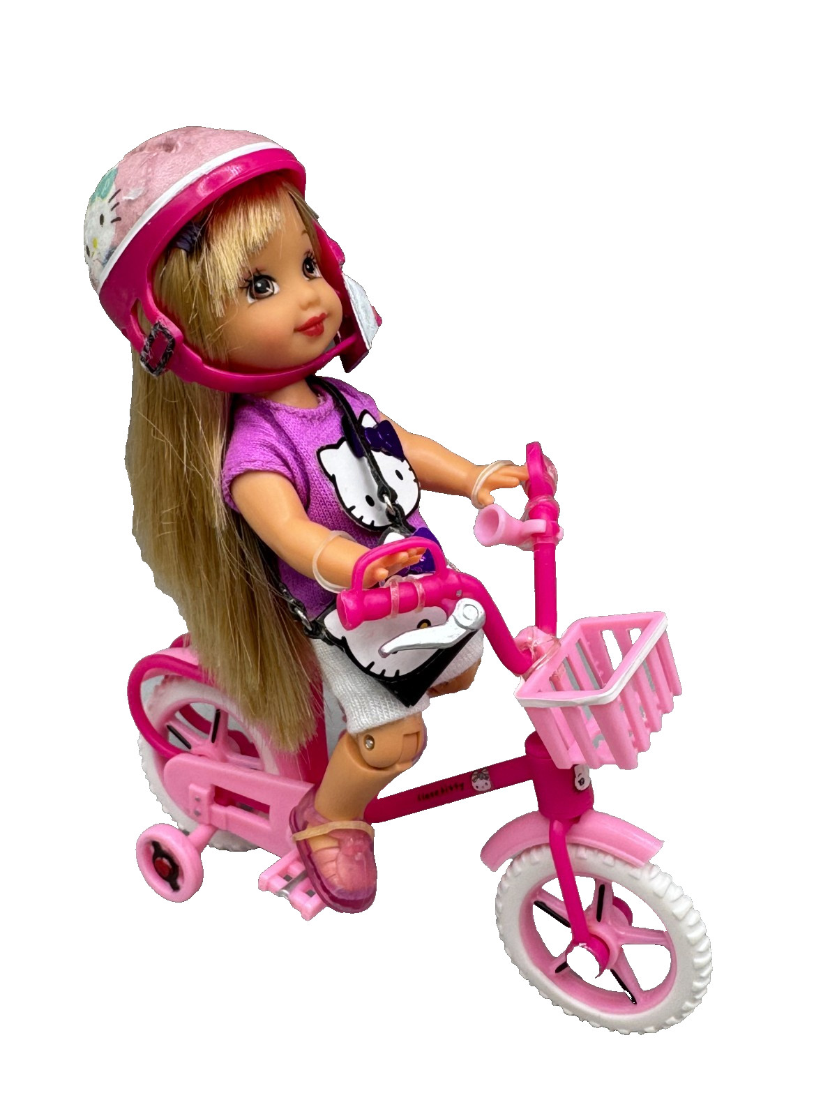 BK~ LOT D DRESSED BARBIE DOLL KELLY IN HELLO KITTY OUTFIT WITH BICYCLE