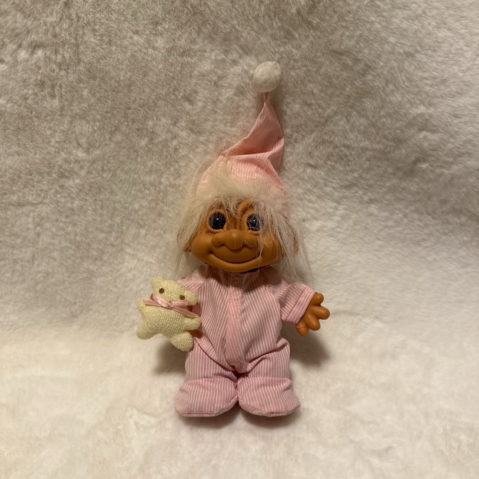 Vtg 7″ Sleepy Time Night Night Russ Troll Doll Pink Pajamas Nightcap Teddy Bear