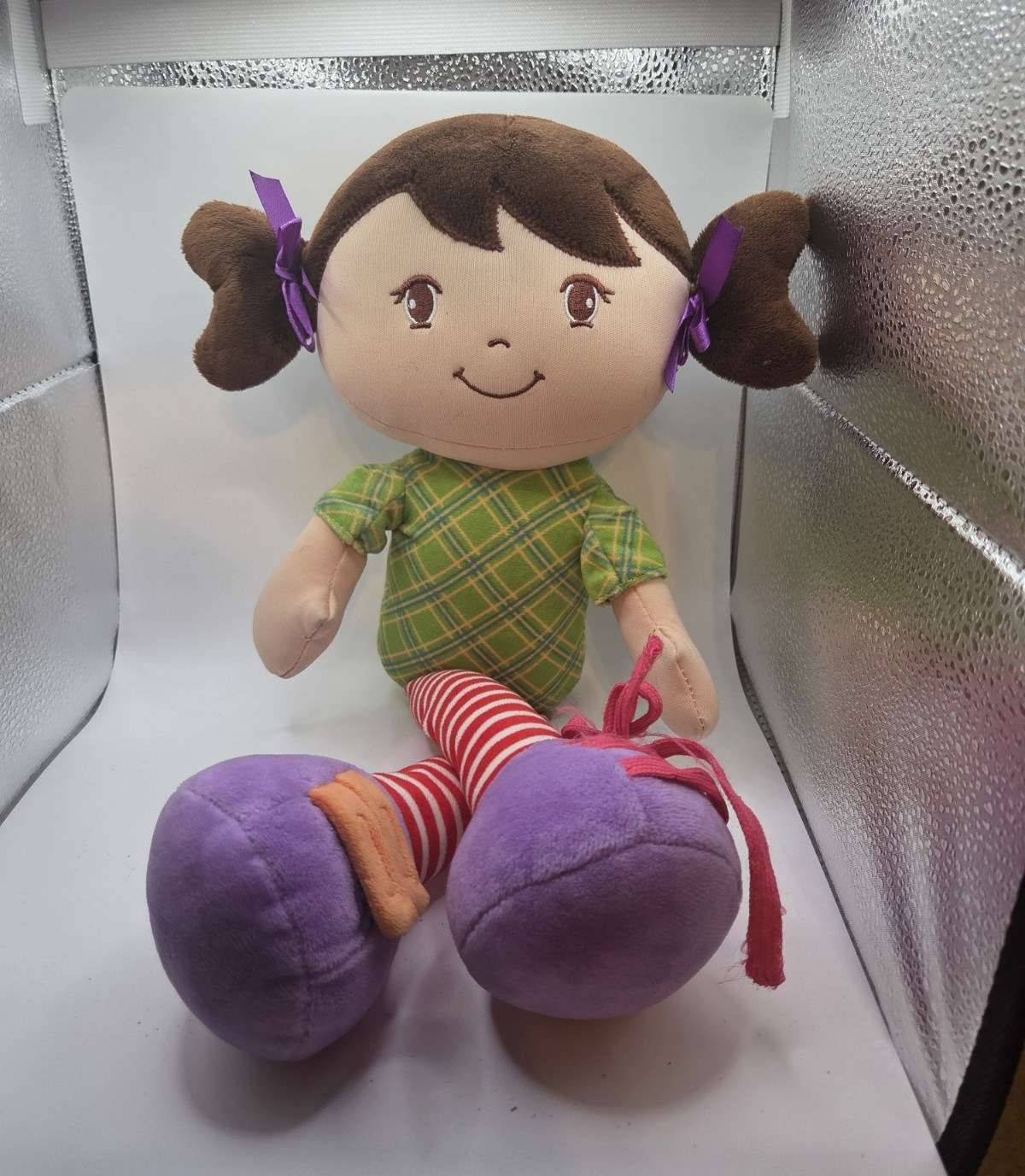 Cloth Rag Doll Girl Soft Body Brown Hair Pigtails Green Plaid Dress Purple Shoes