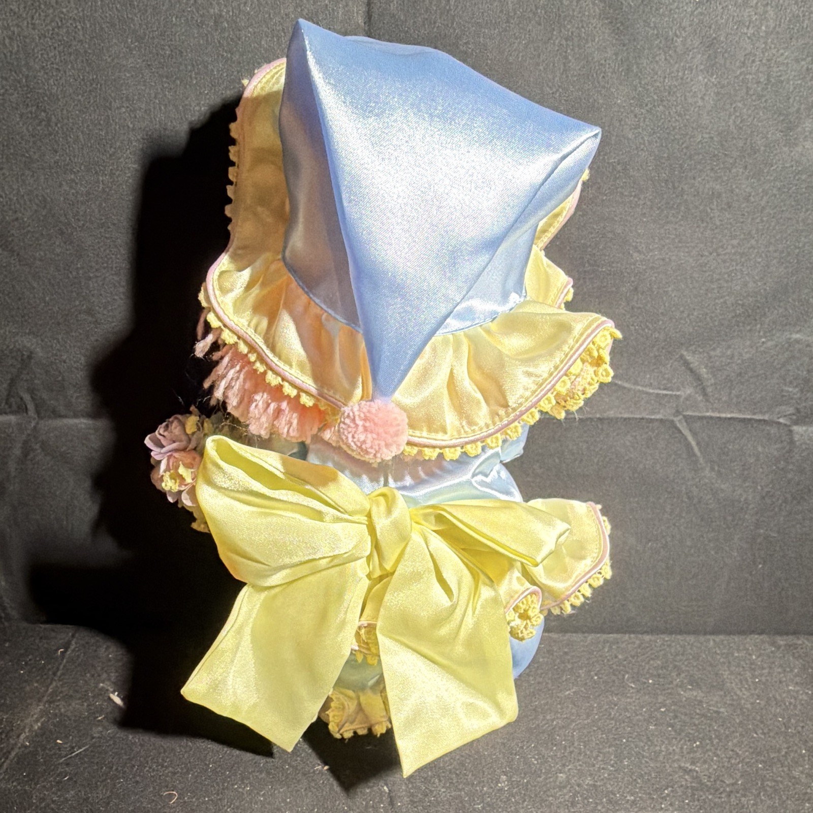 Pink Dots 15 in Cloth Play Doll Pink Hair Blue Eyes Bonnet Outfit