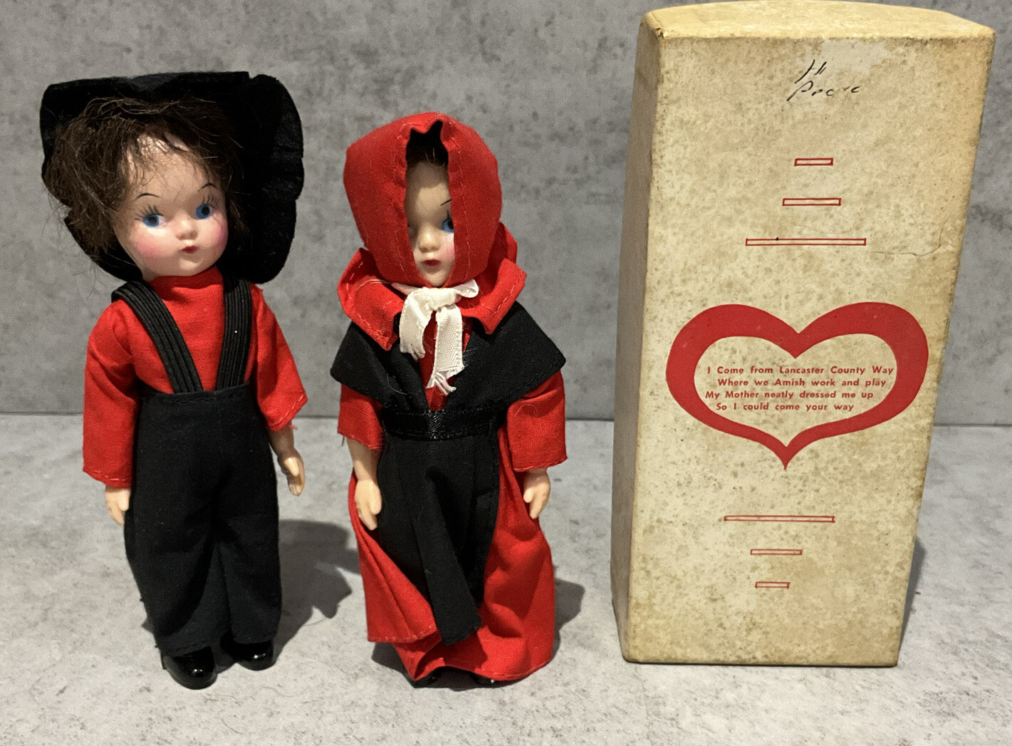 2 Vintage Amish Dolls Lancaster County Boy & Girl Dressed in Red In Box