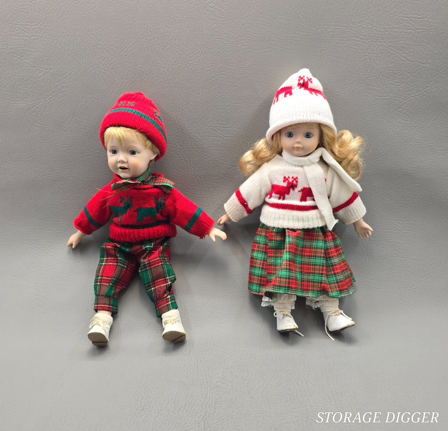 Vintage Interpur International Christmas Boy and Girl Porcelain Doll Set of Two