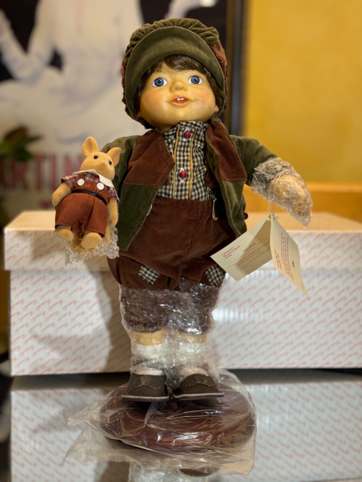 Handcrafted Doll “Michael” By CAMELOT w/ Toy Rabbit 15″ NEW NRFB HAND PAINTED.
