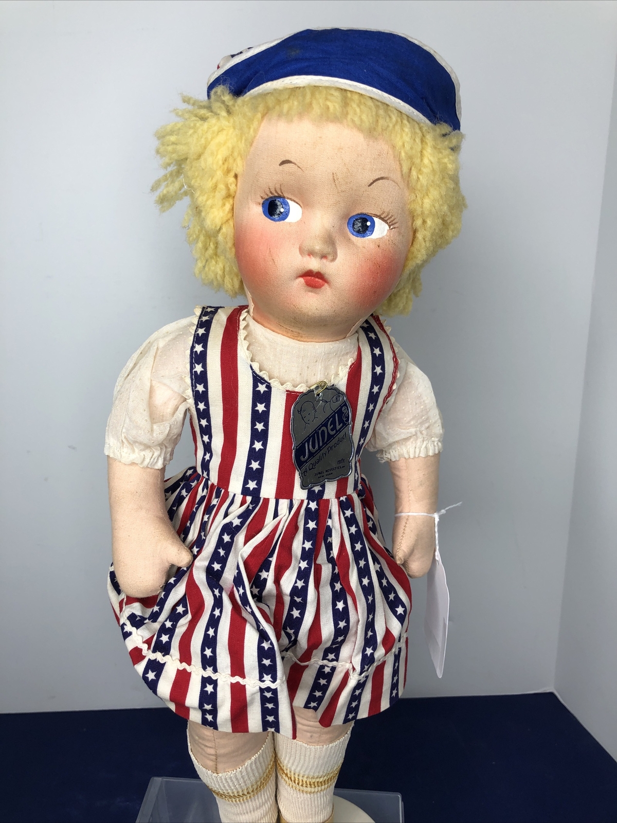 18” Vintage Junel Cloth Doll All Original Molded Painted Face Yarn Hair #SF5