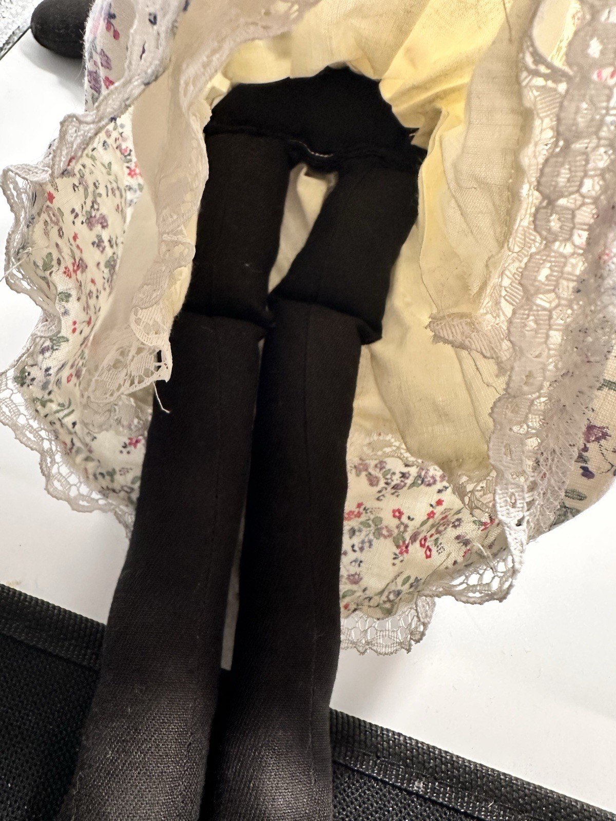 Vintage Handmade Black Cloth Rag Doll Yarn Hair Floral Dress Folk Art