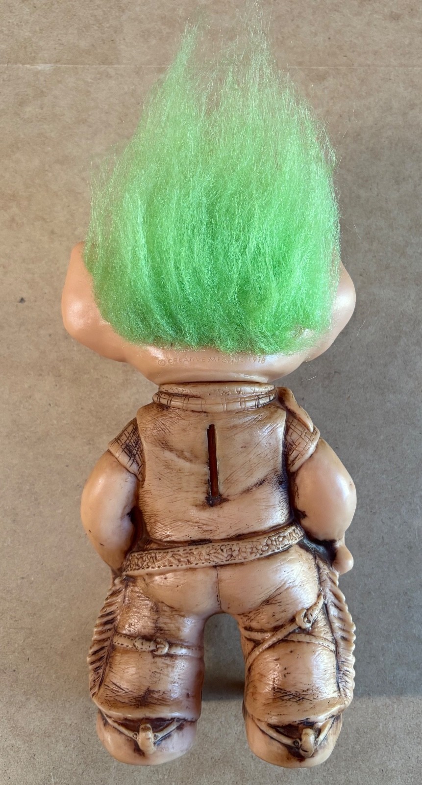 1978 Creative Mfg. Inc. 8″ Sheriff Troll Bank~Green Synthetic Mohair, Amber Eyes