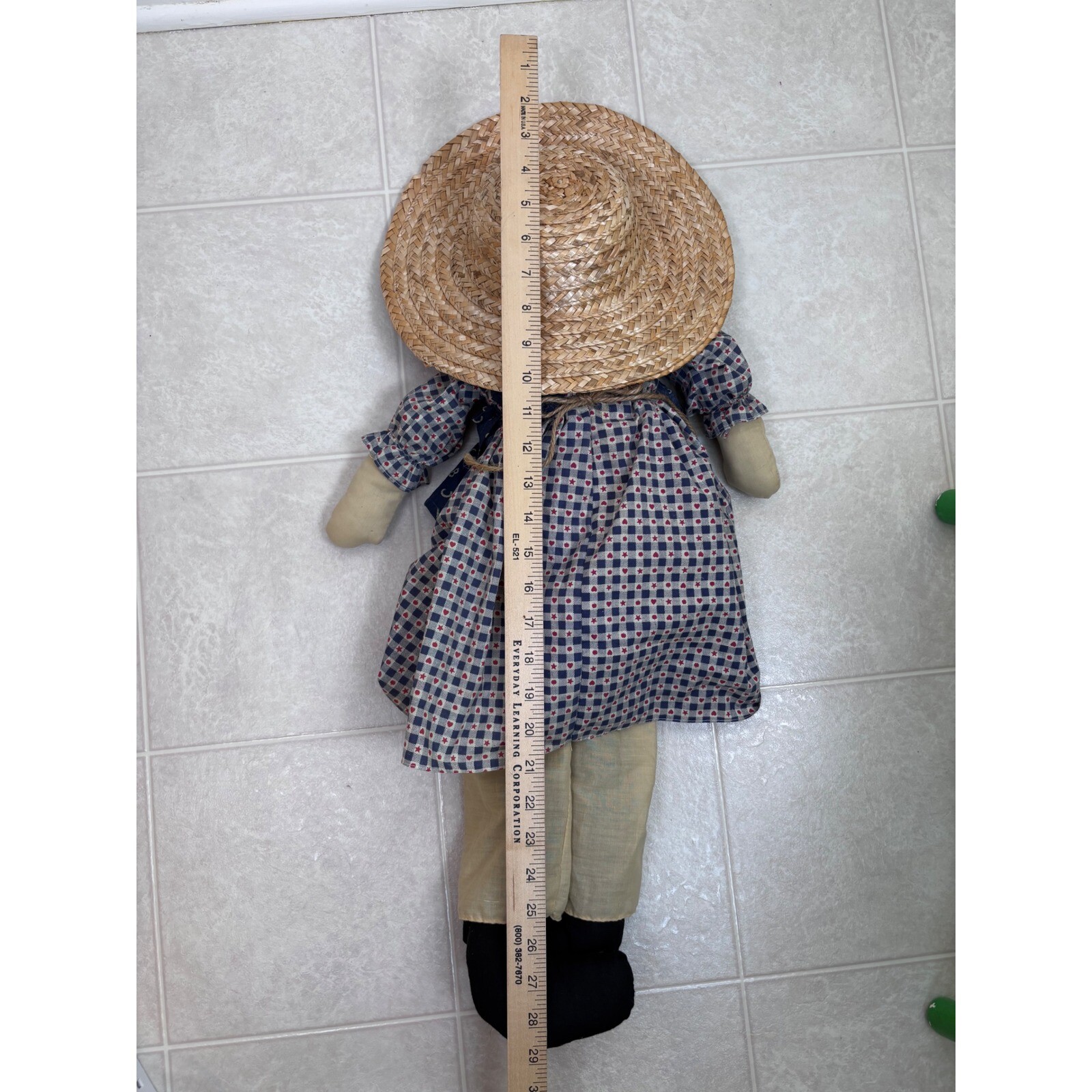 Vintage Handmade Rag Doll Country-core Decor Straw Hat ABC Dress 28″Decor