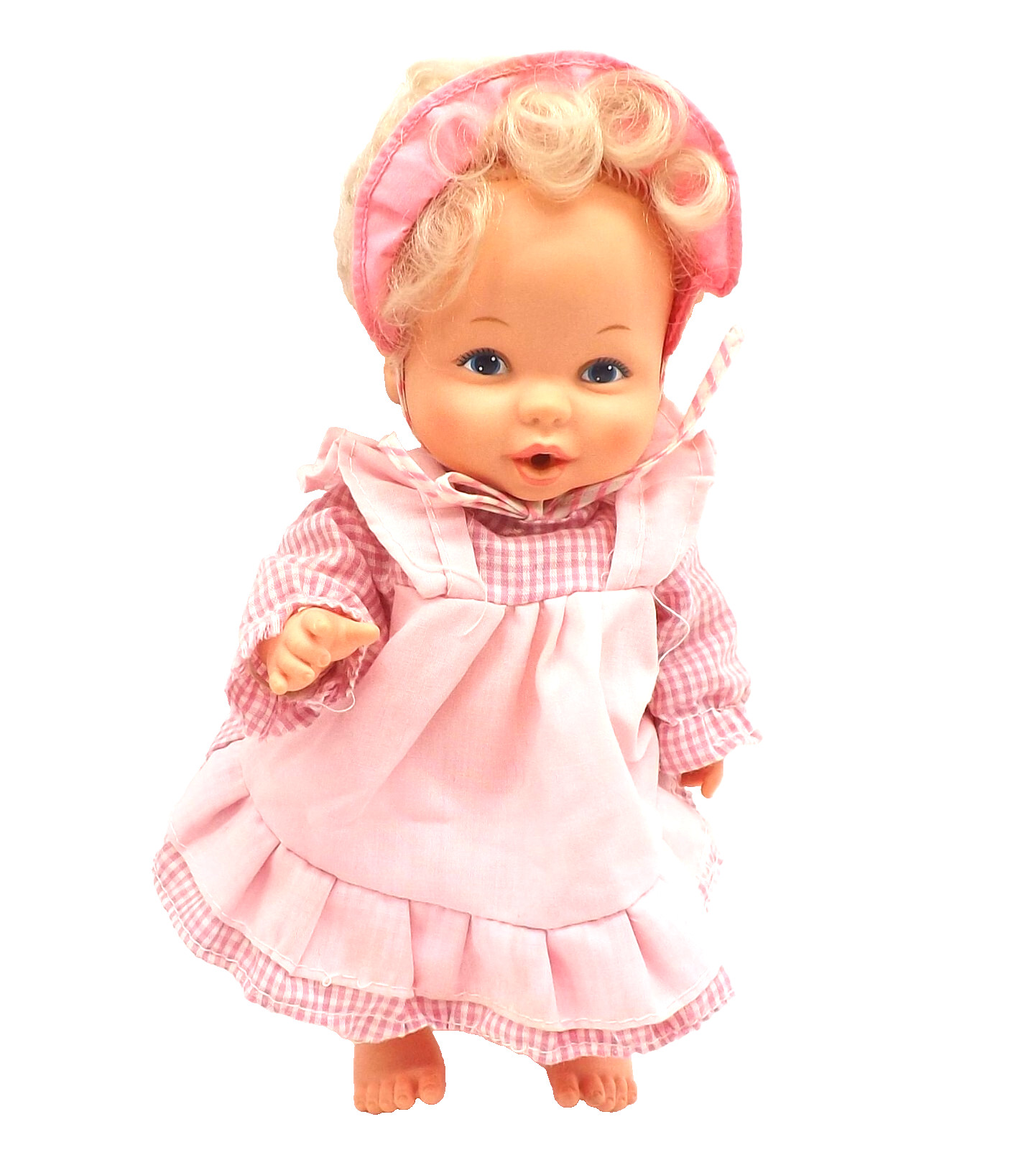 Mattel Bottle Time Baby Doll 10″ Blonde Hair Pink Bonnet Dress Vintage 1980s