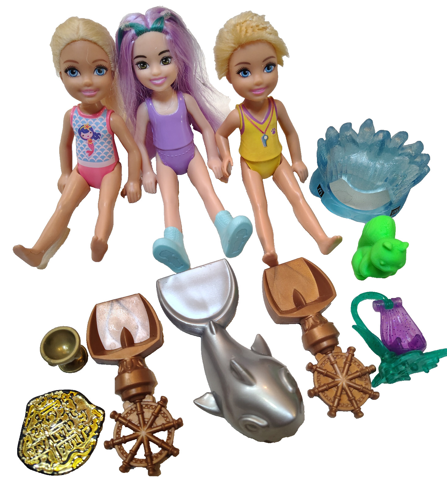 Lot of 3 Barbie Mattel Swimsuit Kelly Chelsea Dolls Beach Day Toys Accessories
