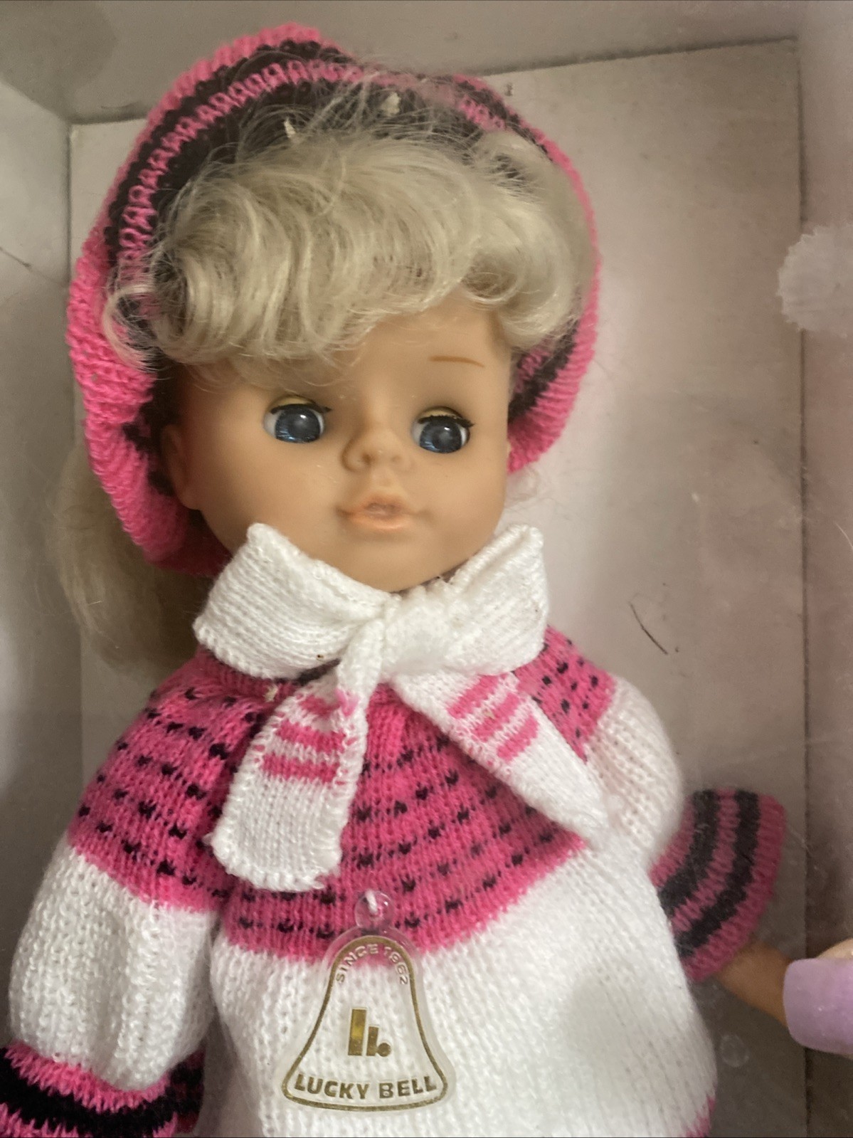 Eurodoll Emily Lucky Bell Doll in original box 14” Blonde Hair Blue Eyes Outfit