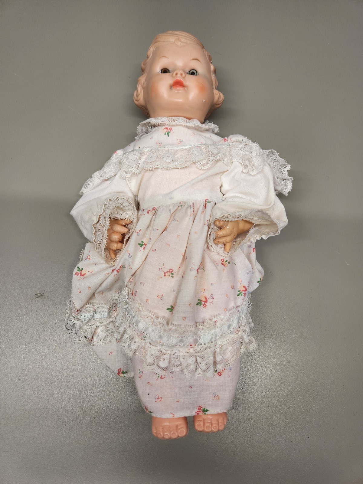 Vintage Baby Doll Plastic Molded Hair Sleep Eyes Floral Lace Dress 12 inch