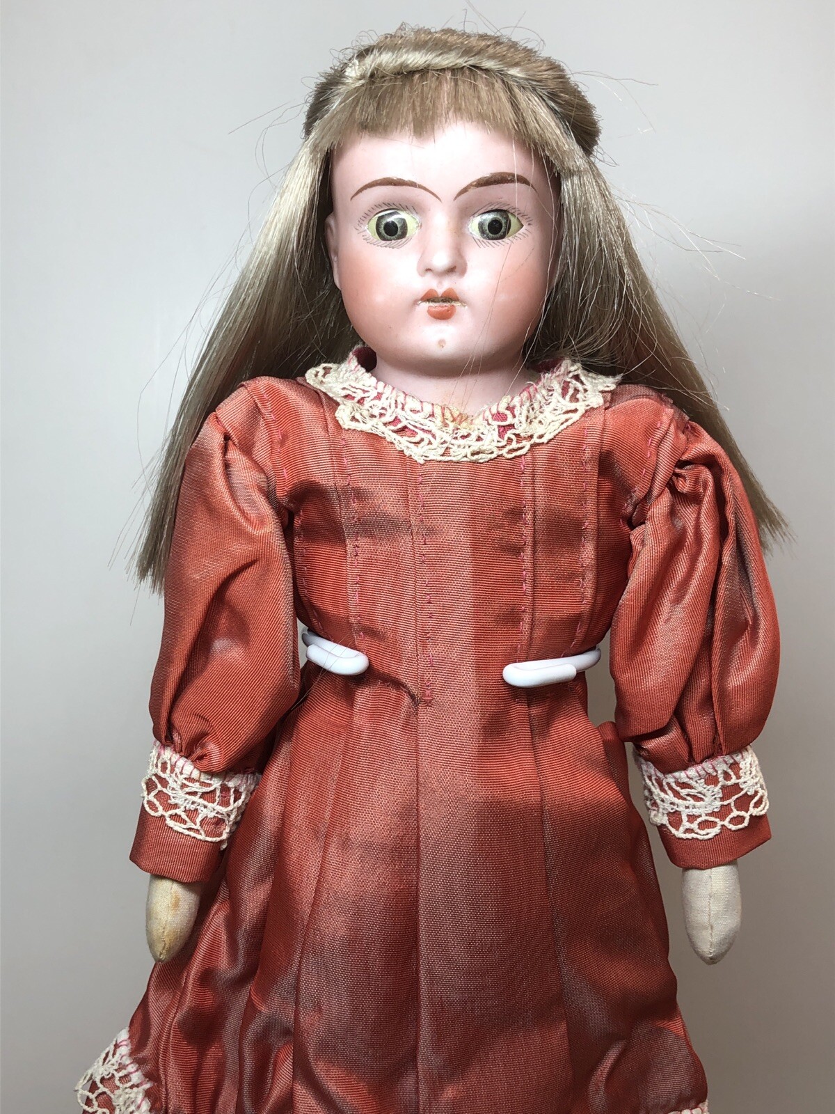 11.5” Antique Mabel Germany Bisque Doll Tin Eyes On New Cloth Body Blonde #SF2