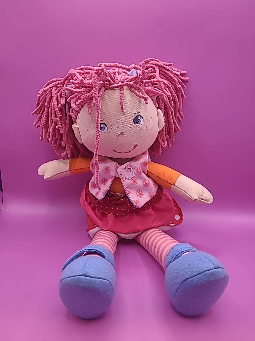HABA Lilli-Lou 12″ Soft Doll with Pink Hair in Pigtails, Blue Eyes