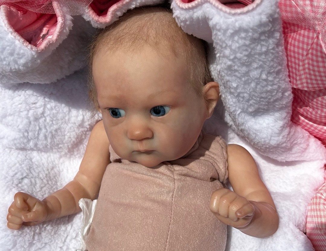 Rare Sold out Pixie Reborn baby doll Preemie Girl Bonnie Brown w/ bed and belly
