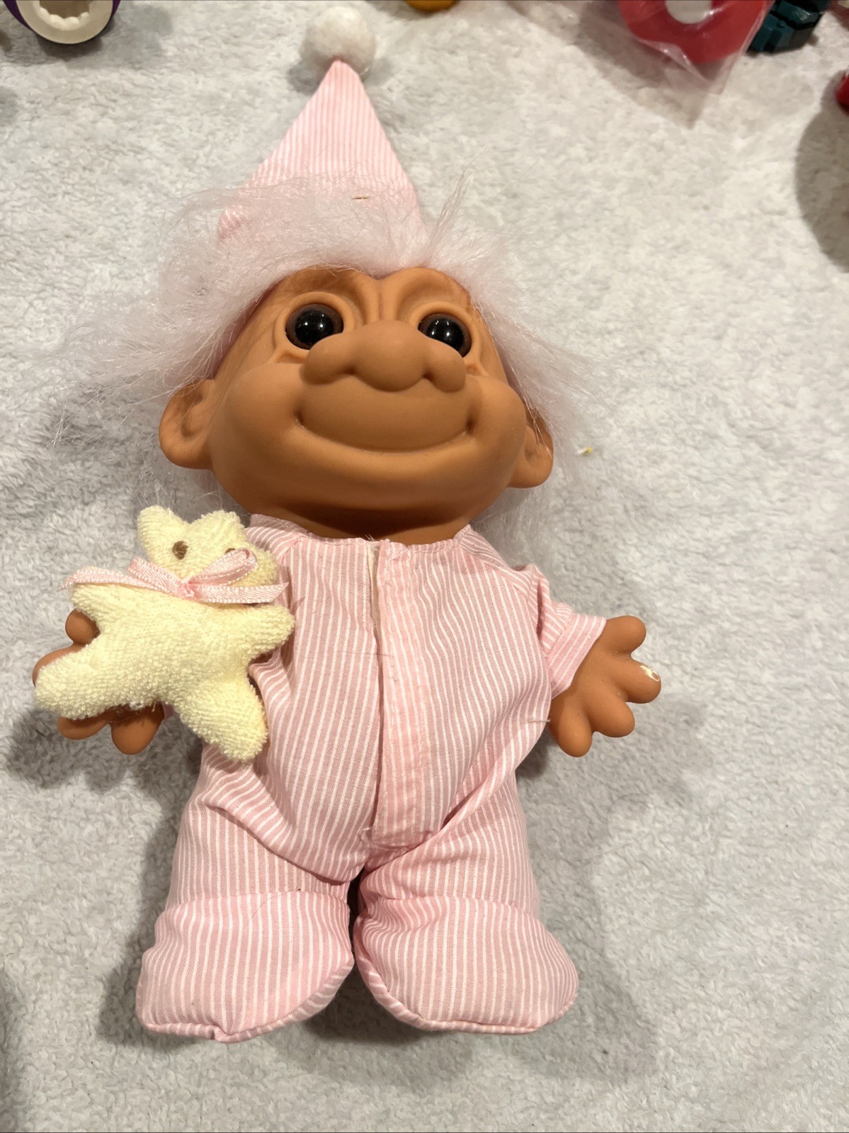 Vintage Russ 7″ Sleepy Time Troll Doll Pink Pajamas w/ Nightcap & Teddy Bear