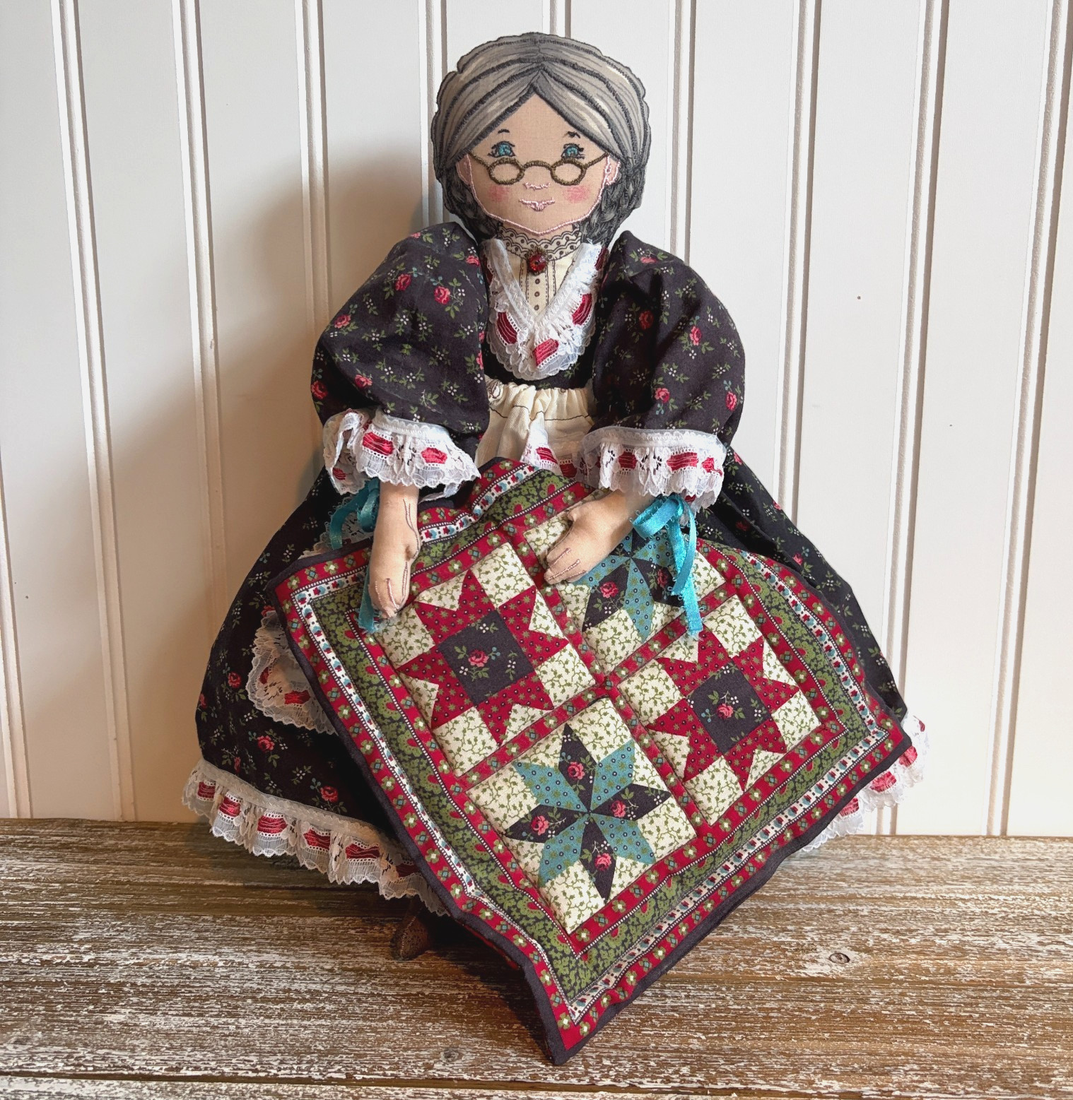 Vtg Handmade Cranston Grandma Fabric Doll Quilt Embroidered Signed & Dtd 1990